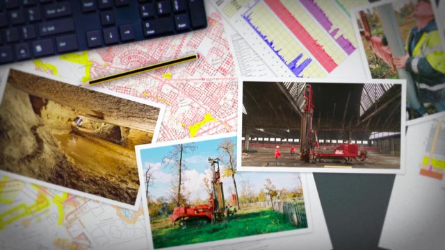 Des documents et des photos posés sur un bureau, générique du film d'entreprise sur le comblement de carrière